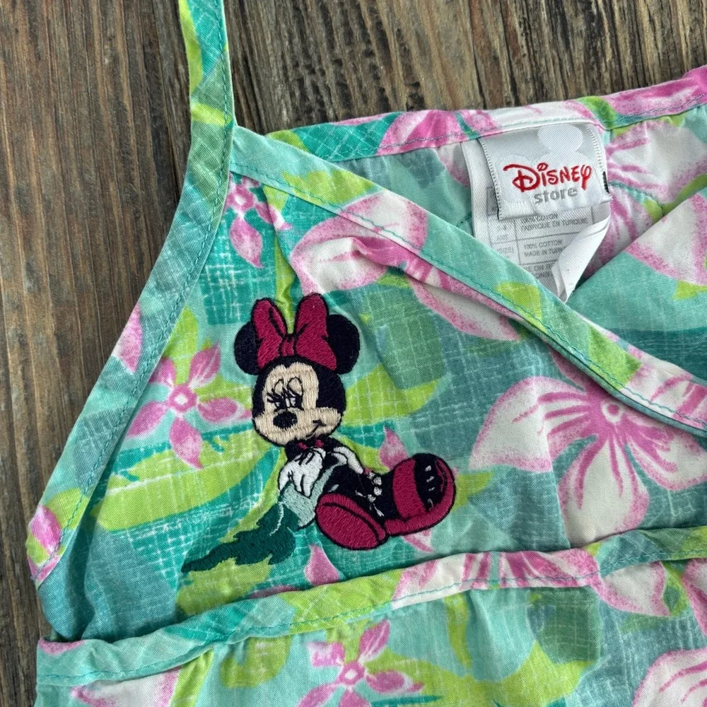 Vtg Disney Store Minnie Mouse Tropical Hawaiian Cotton Dress 4T Green Pink Y2K - Picture 9 of 11